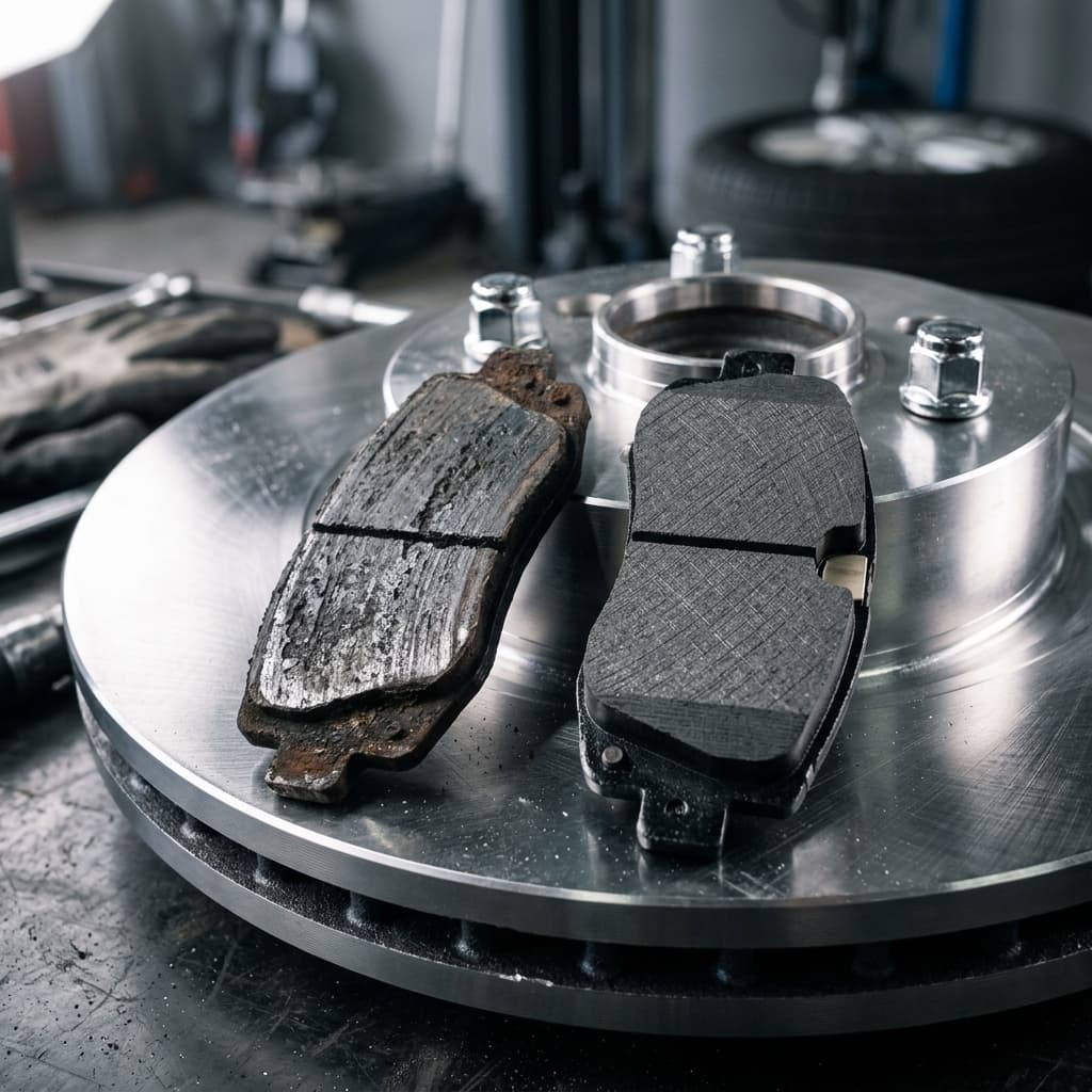 Worn brake pad next to new brake pad beside a rotor disc