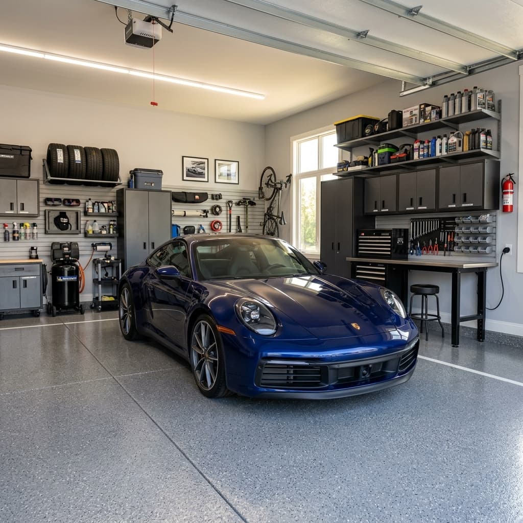 Clean organized residential garage with car parked safely inside