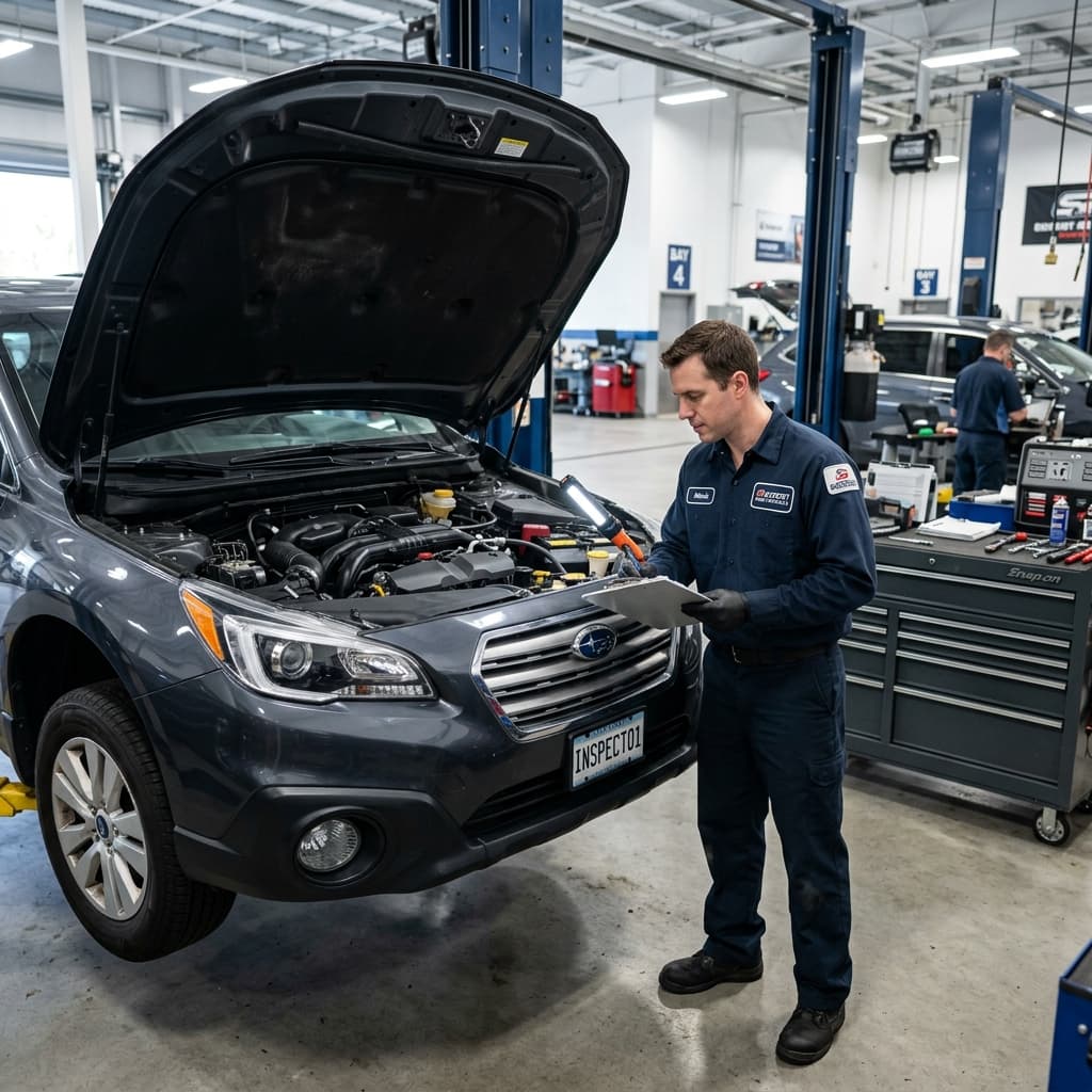 ASE-certified mechanic conducting thorough vehicle inspection with clipboard