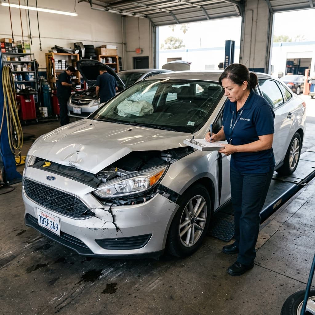 Insurance adjuster examining damaged car after accident