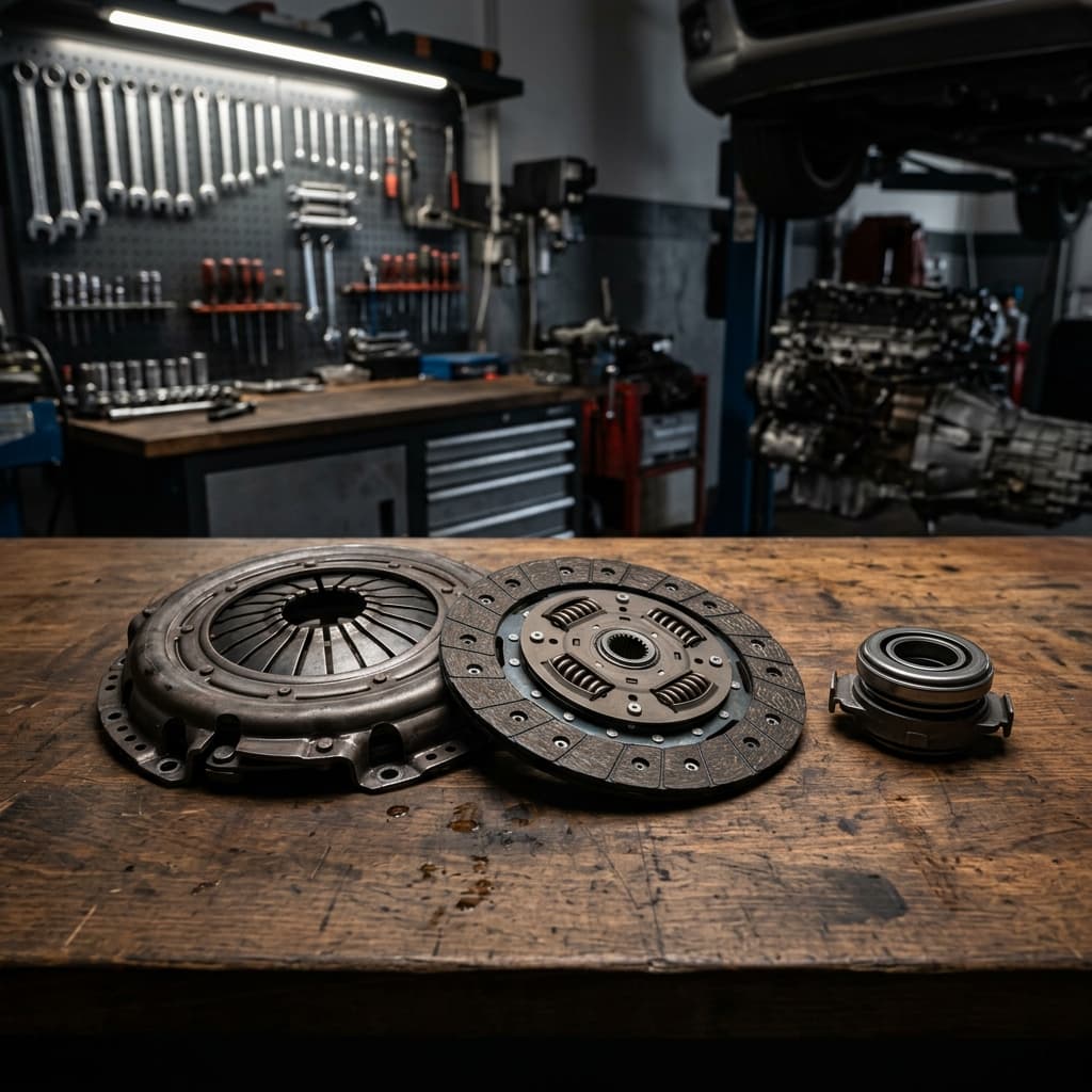 Manual transmission clutch assembly components on a workbench