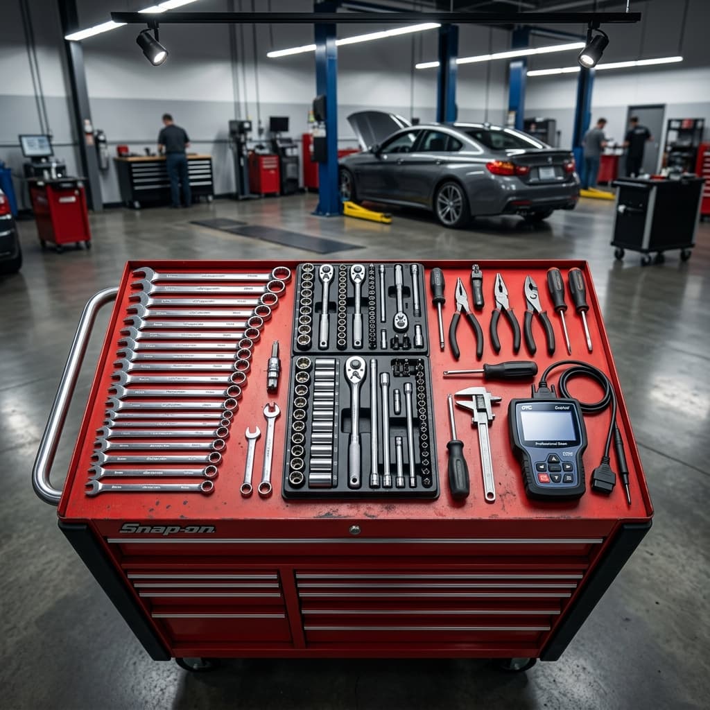 Auto repair tools and equipment laid out in a clean workshop