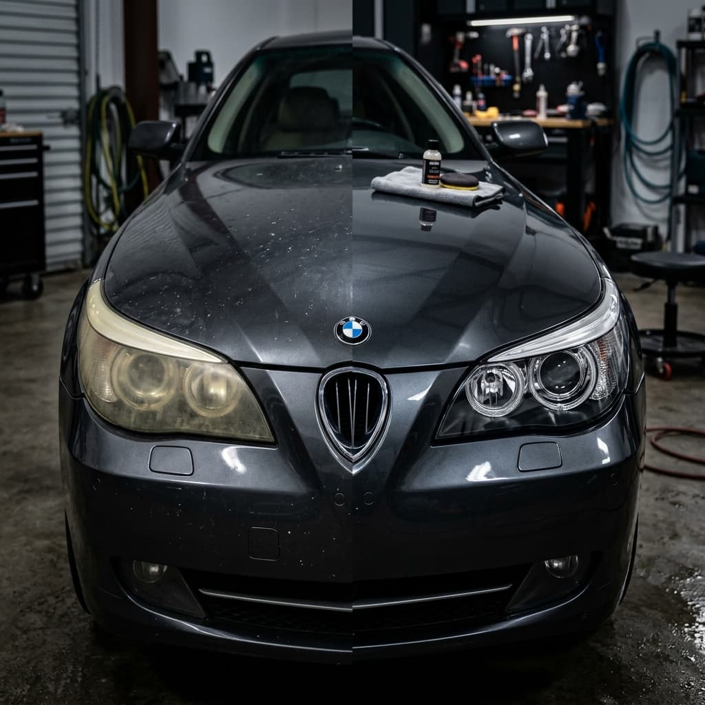 Before and after headlight restoration showing clear versus cloudy lens