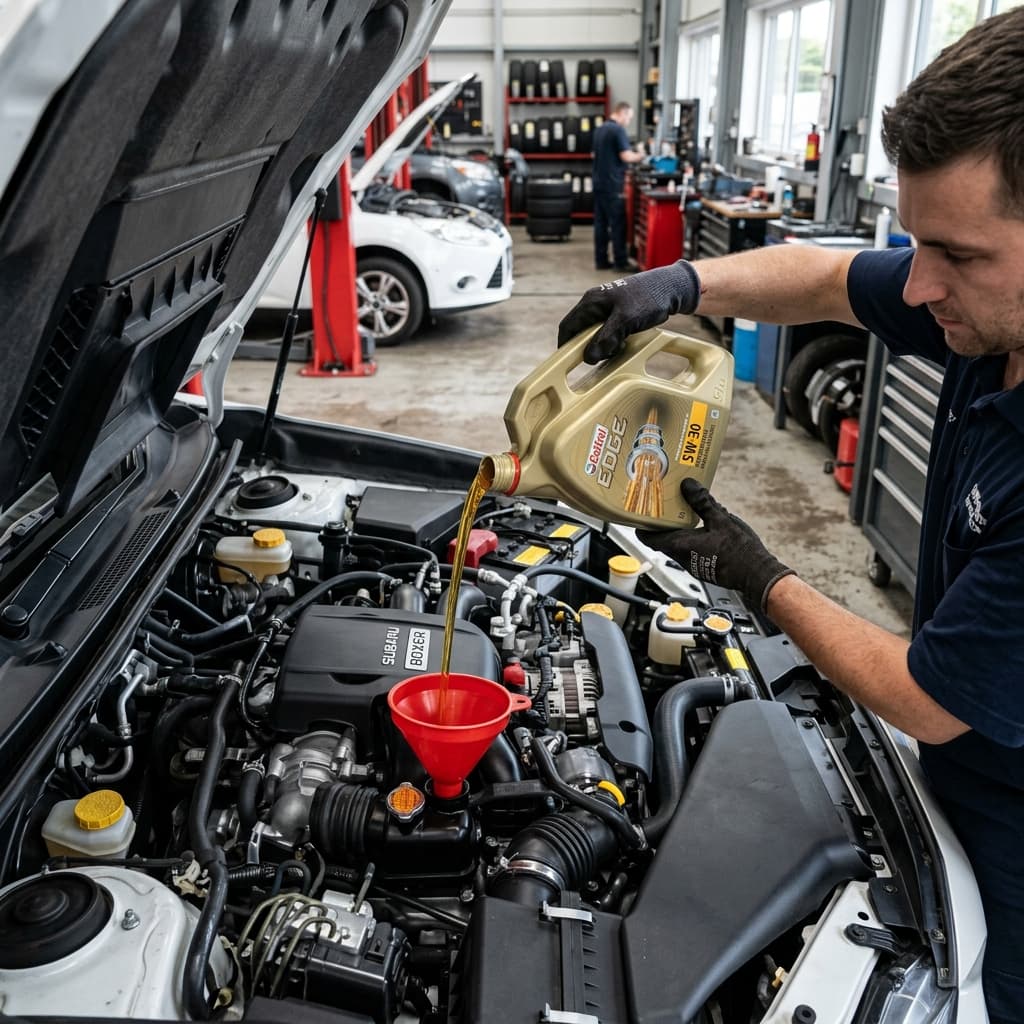 Mechanic pouring fresh motor oil into a car engine