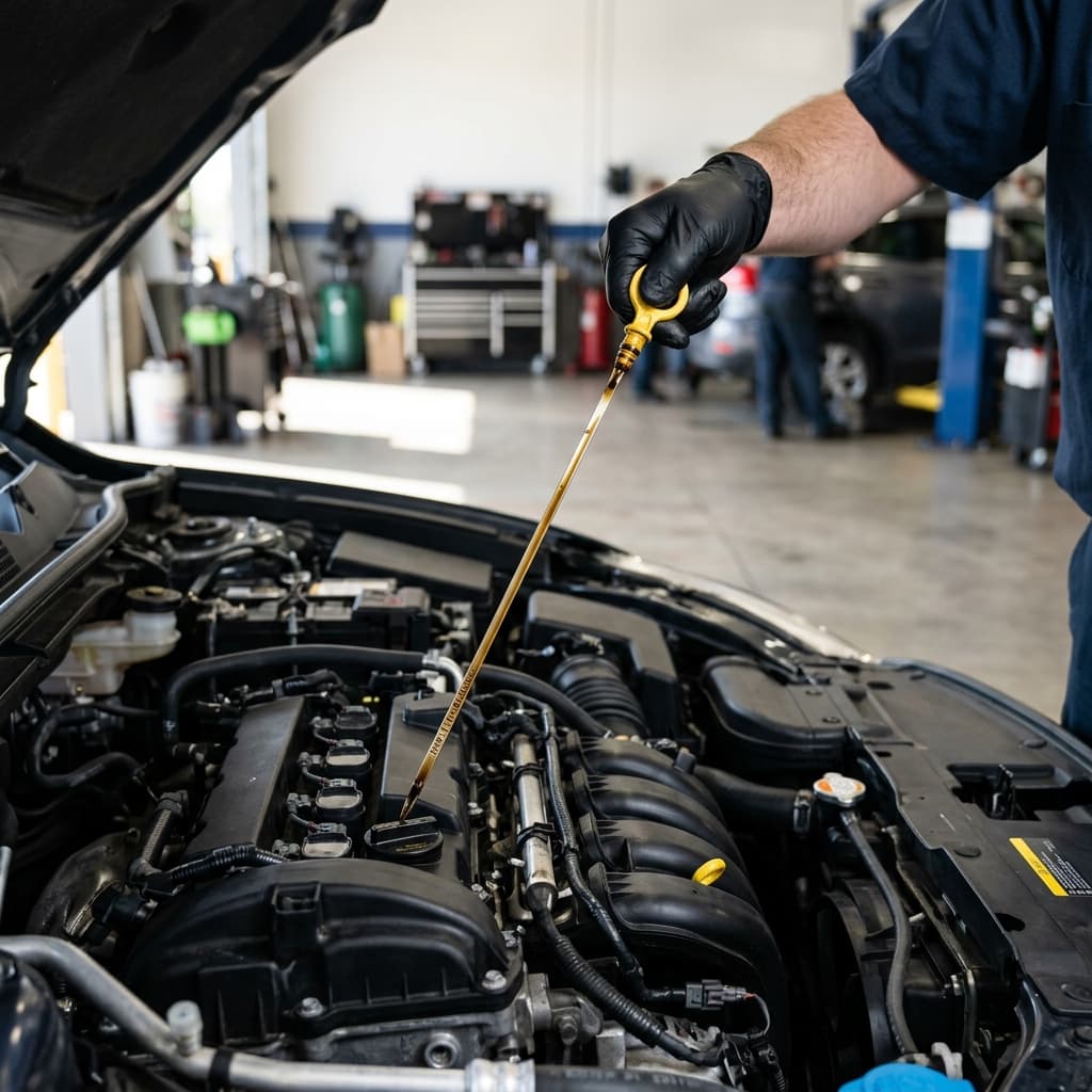 Mechanic checking engine oil level with dipstick