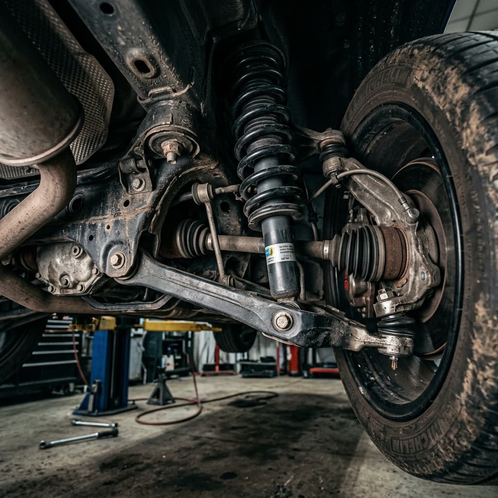 Mechanic inspecting wheel balance and suspension on a vehicle lift
