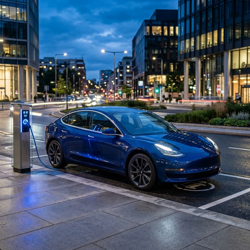 Sleek Tesla electric vehicle charging at a station with blue glow