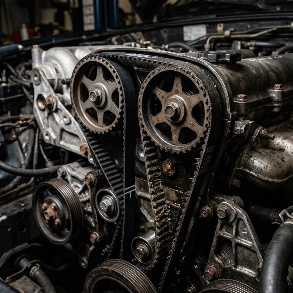 Timing belt and timing chain side by side showing rubber teeth versus metal roller links