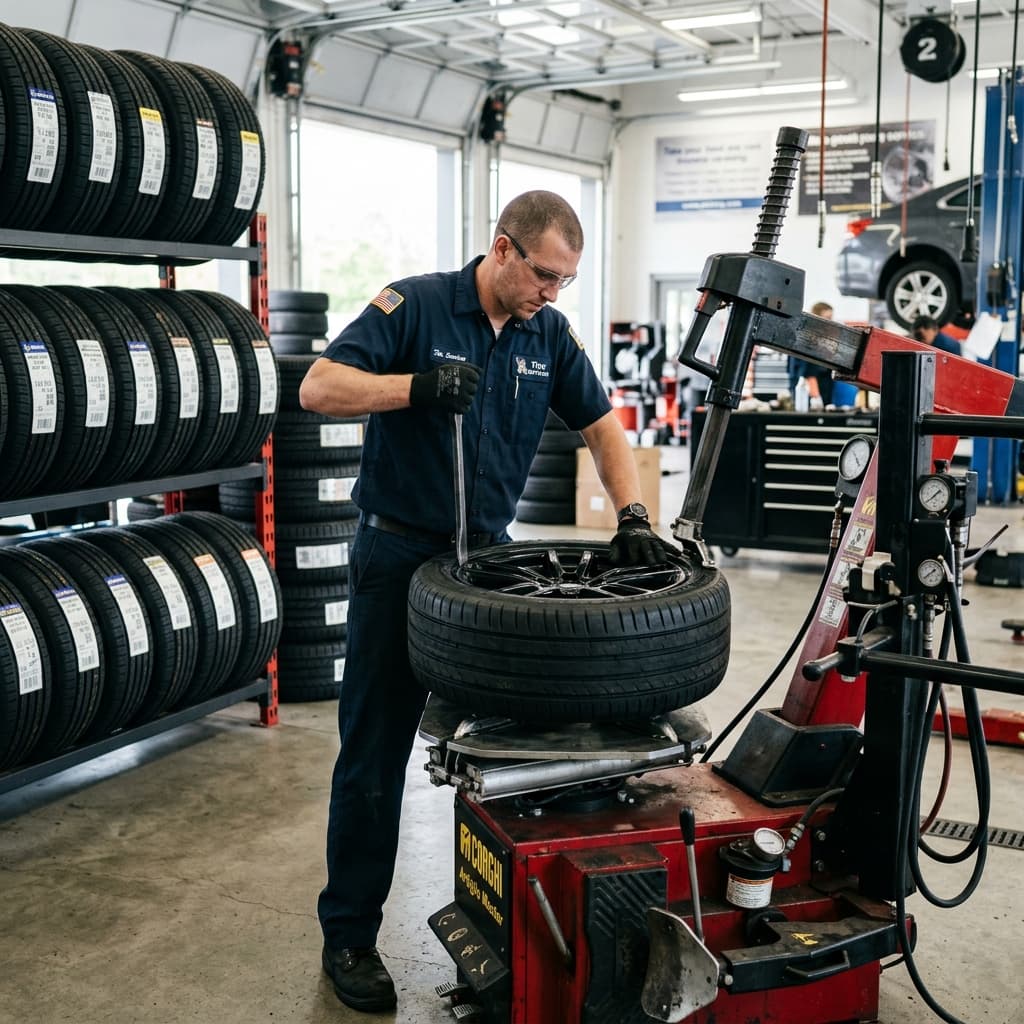 Technician mounting new tire onto wheel rim using tire machine