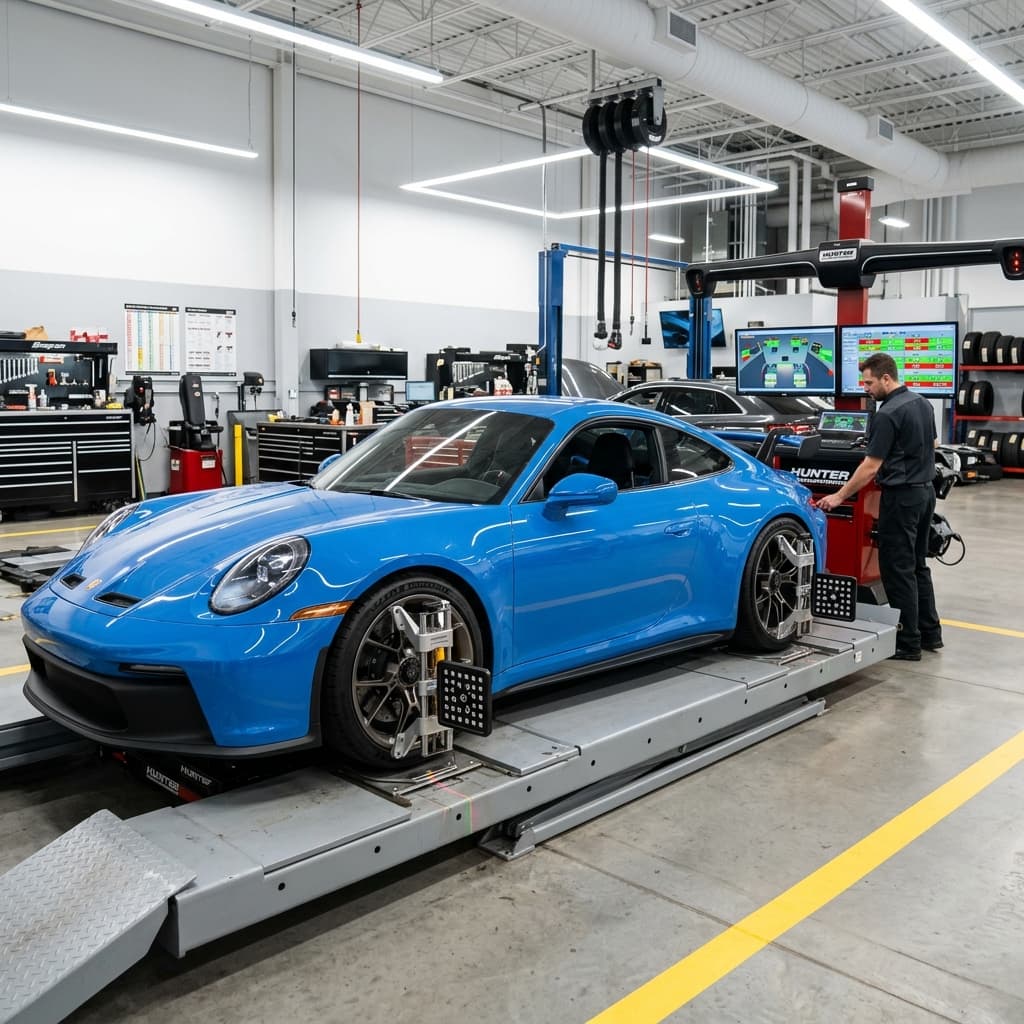 Vehicle on alignment rack with laser sensors mounted on all four wheels